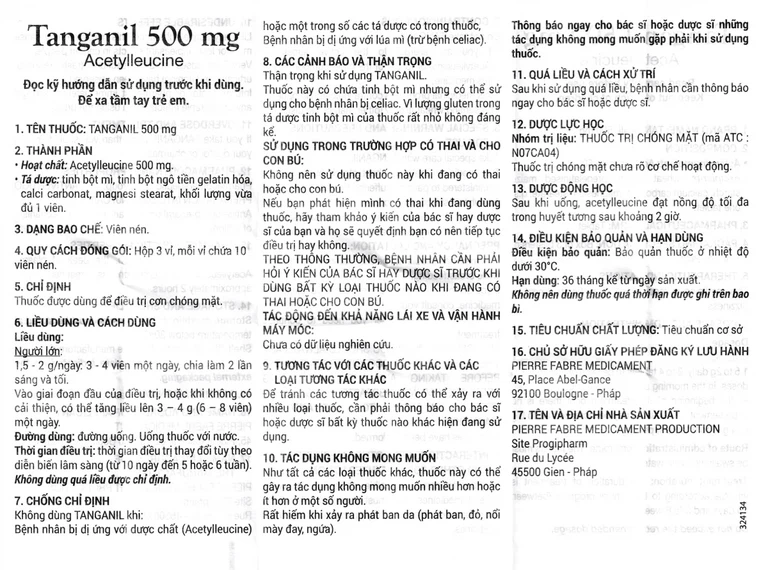 Thuốc Tanganil 500mg Pierre Fabre điều trị cơn chóng mặt (3 vỉ x 10 viên)