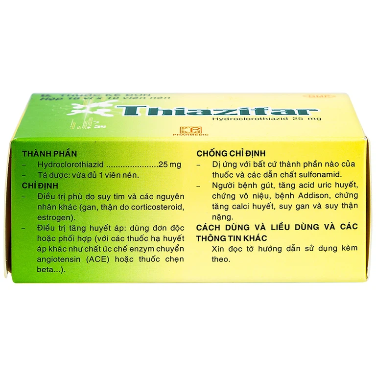 Thuốc Thiazifar Pharmedic điều trị suy tim, tăng huyết áp (10 vỉ x 10 viên) 
