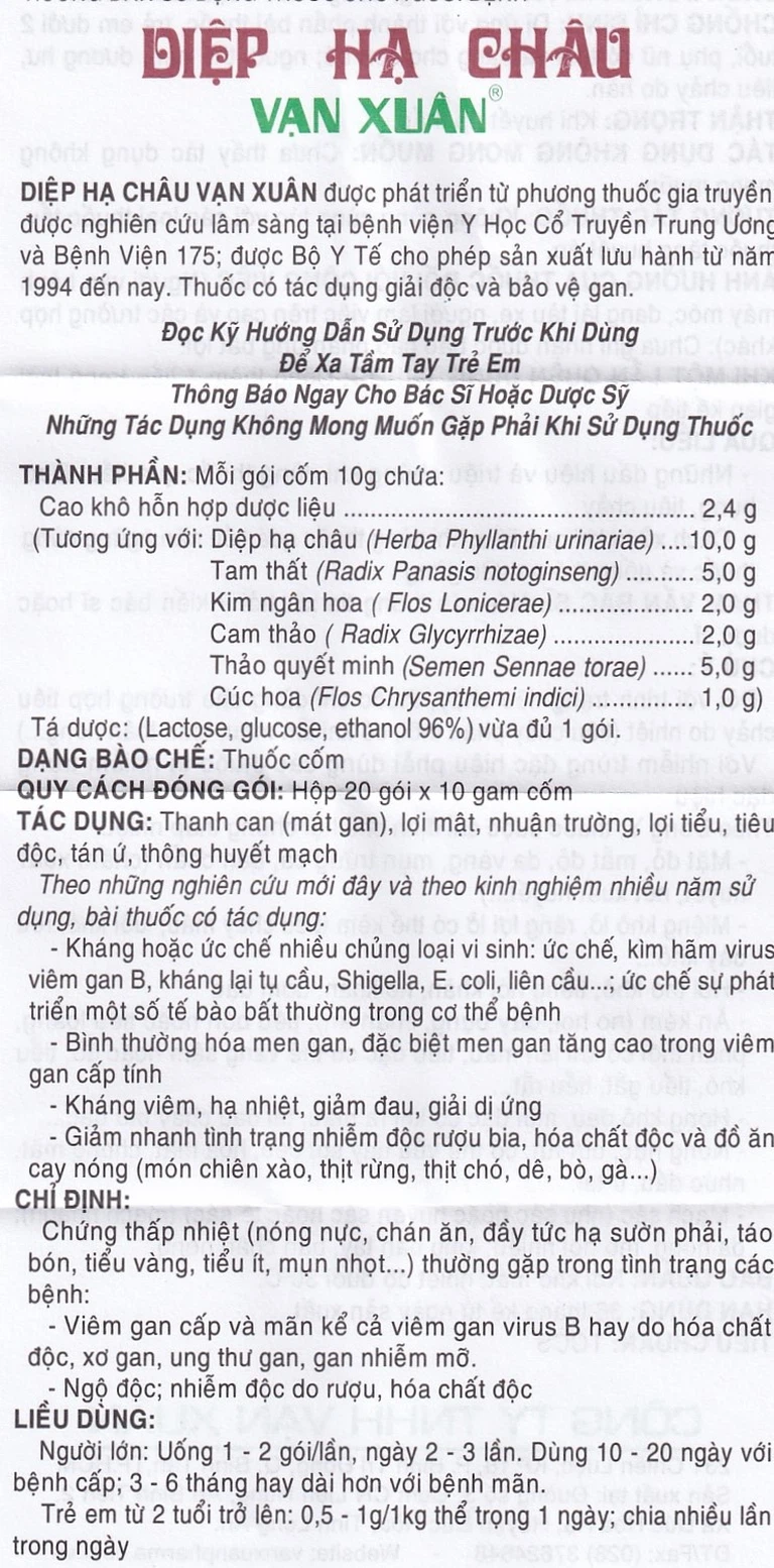Thuốc cốm Diệp Hạ Châu Vạn Xuân mát gan, giải rượu, trừ mụn độc (20 gói)