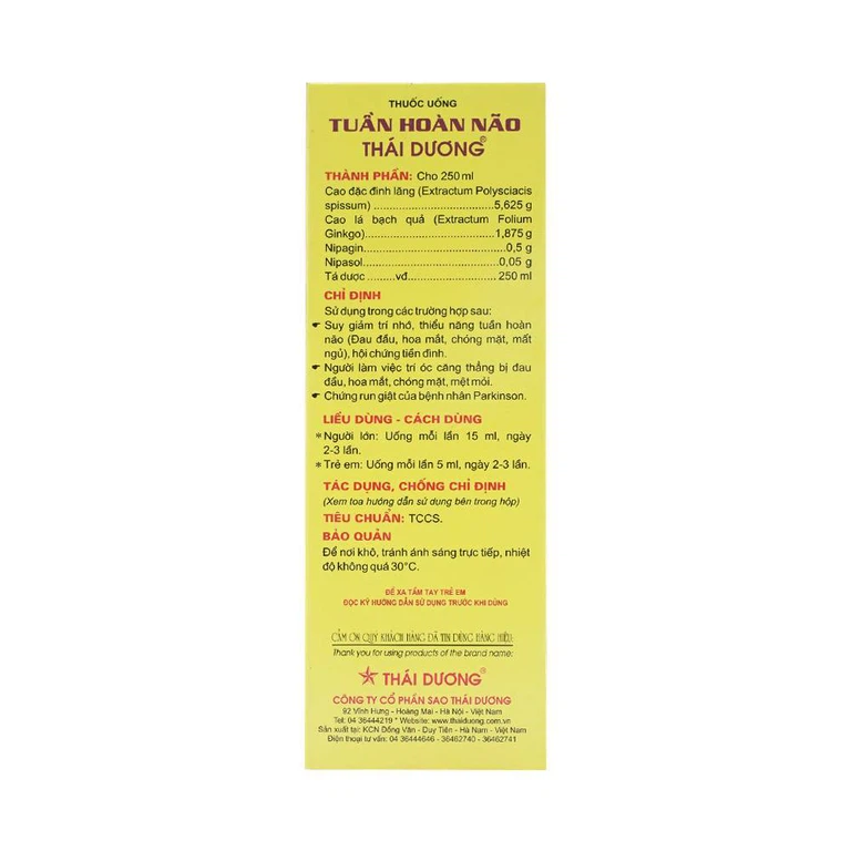 Thuốc uống Tuần Hoàn Não Thái Dương điều trị suy giảm trí nhớ (250ml)