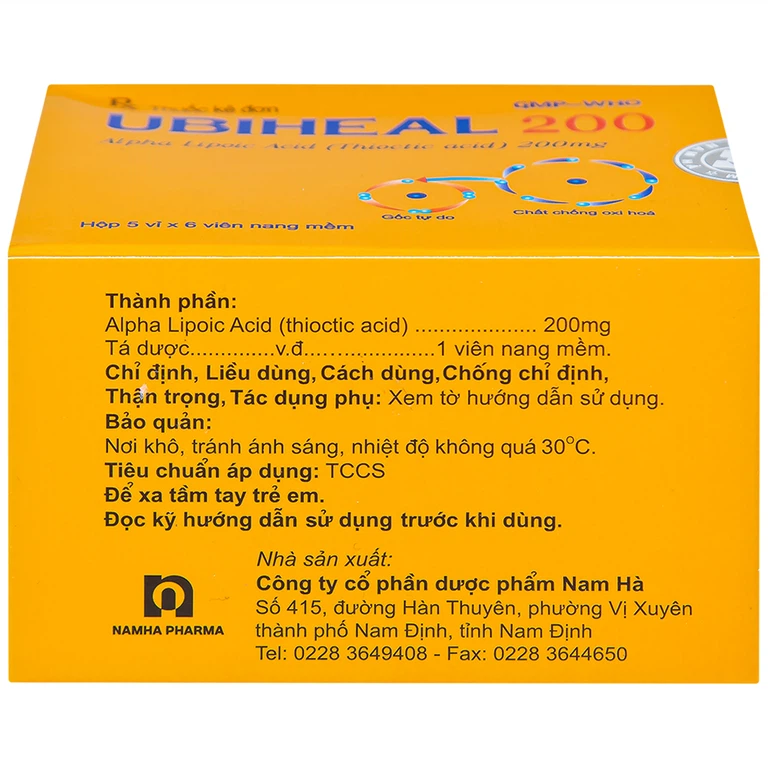 Thuốc Ubiheal 200 Nam Hà điều trị các rối loạn cảm giác  do bệnh thần kinh đái tháo đường (5 vỉ x 6 viên)
