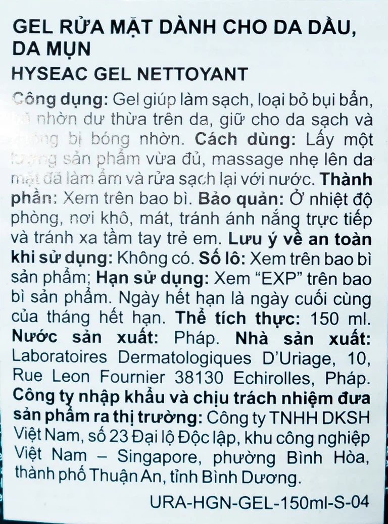 Gel rửa mặt dành cho da dầu da mụn Uriage Hyséac Gel Nettoyant (150ml) 