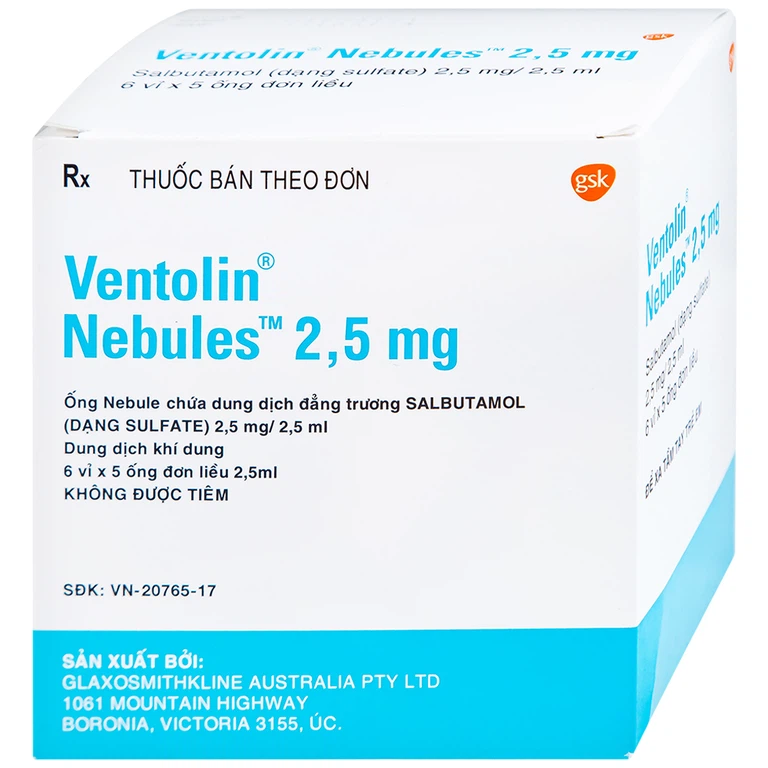 Dung dịch khí dung Ventolin Nebules 2.5mg GSK điều trị, ngăn ngừa co thắt phế quản (6 vỉ x 5 ống)