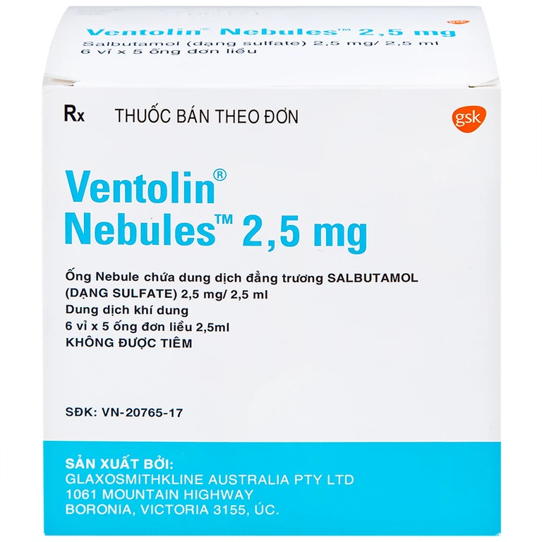 Dung dịch khí dung Ventolin Nebules 2.5mg GSK điều trị, ngăn ngừa co thắt phế quản (6 vỉ x 5 ống)