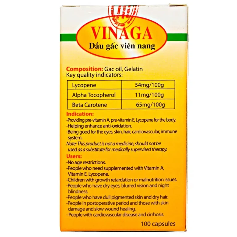 Viên uống Dầu Gấc Vinaga giúp cung cấp vitamin, chất chống oxy hóa (100 viên)