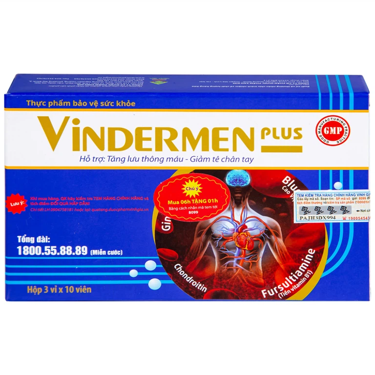 Viên uống Vindermen Plus Vinh Gia hỗ trợ hoạt huyết, tăng cường lưu thông máu não (3 vỉ x 10 viên)