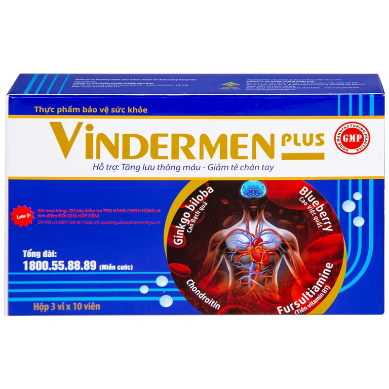 Viên uống Vindermen Plus Vinh Gia hỗ trợ hoạt huyết, tăng cường lưu thông máu não (3 vỉ x 10 viên)