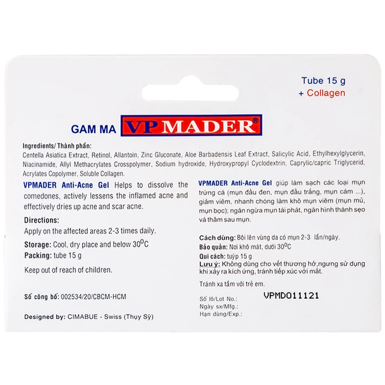 Gel VP Mader 15g Gamma làm khô và hỗ trợ trị các loại mụn bọc, mụn mủ, mụn đầu đen