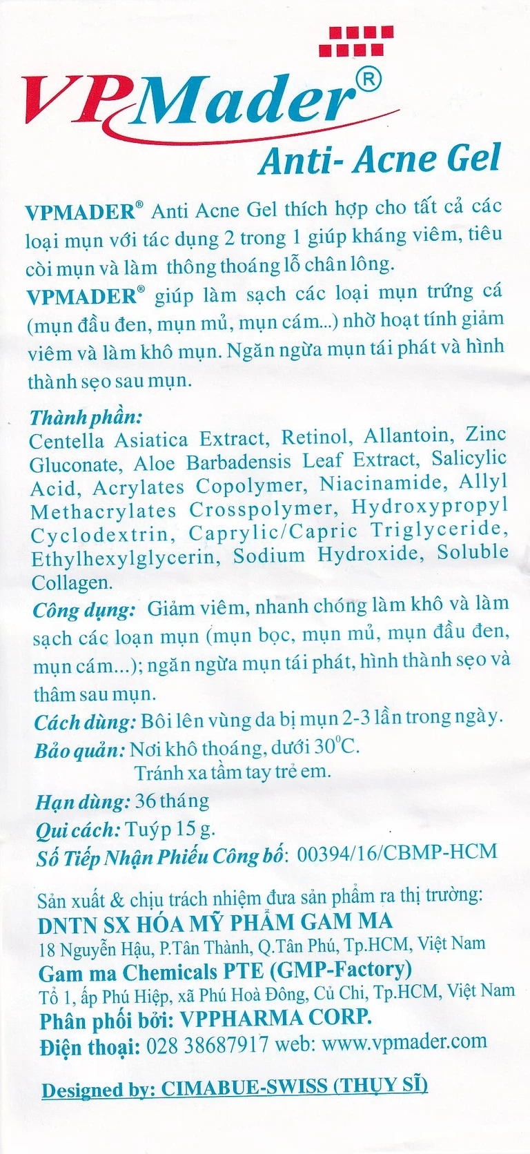 Gel VP Mader 15g Gamma làm khô và hỗ trợ trị các loại mụn bọc, mụn mủ, mụn đầu đen