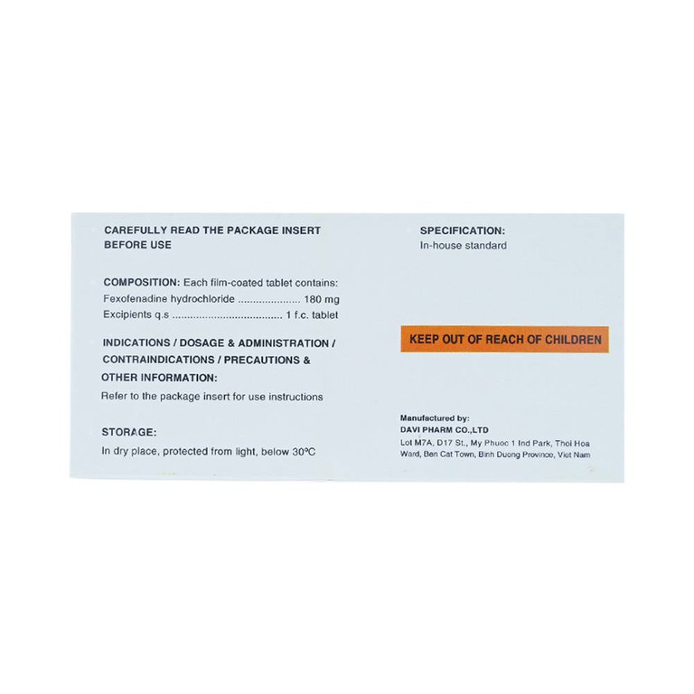 Thuốc Xonatrix Forte 180mg DaviPharm điều trị triệu chứng viêm mũi dị ứng theo mùa (10 vỉ x 10 viên) 