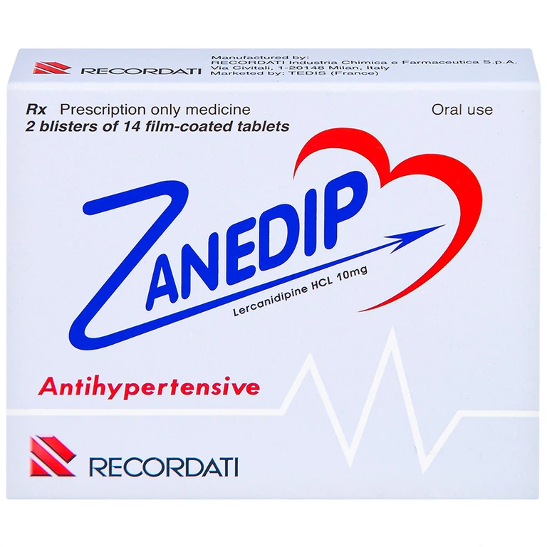 Thuốc Zanedip 10mg Recordati điều trị tăng huyết áp vô căn (2 vỉ x 14 viên)