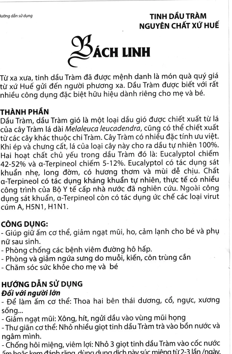 Tinh dầu tràm Bách Linh giữ ấm cơ thể, giảm ngạt mũi, ho, cảm lạnh (50ml)