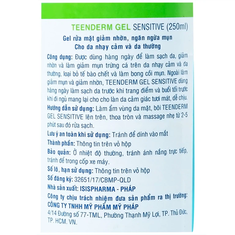 Gel rửa mặt Isis Pharma Teen Derm Gel Sensitive giúp giảm nhờn, ngăn ngừa mụn cho da nhạy cảm (250ml)