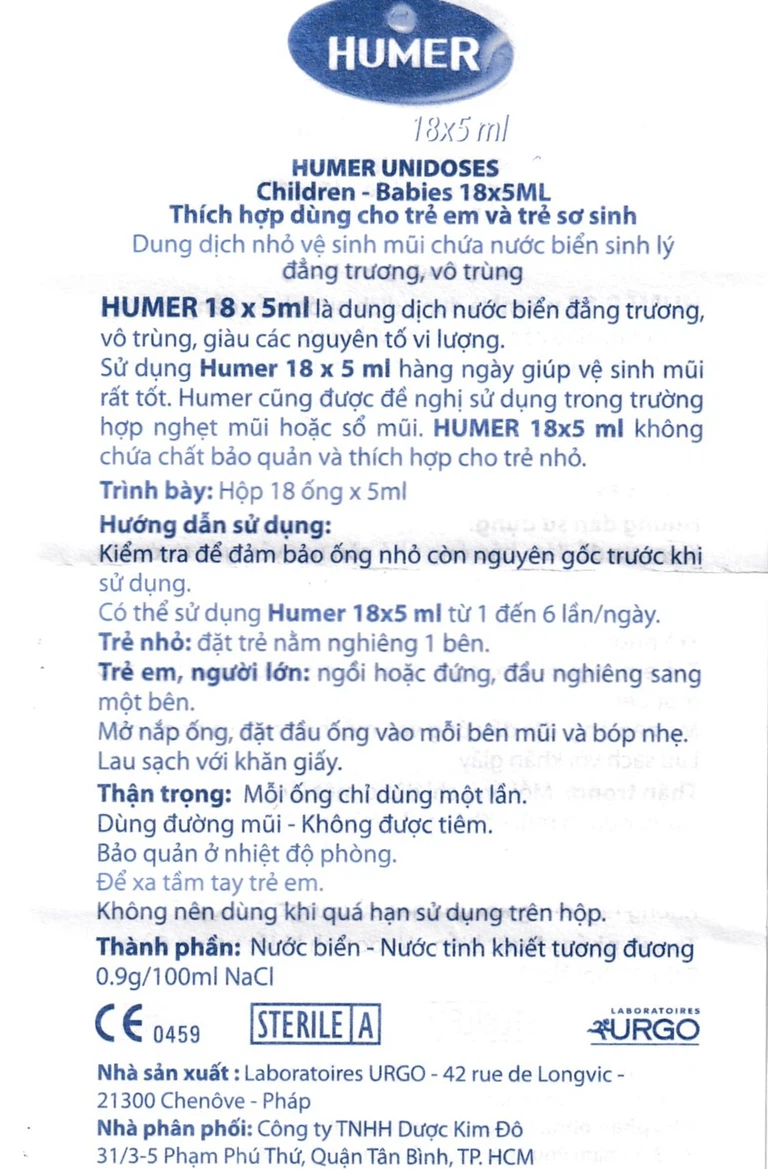Dung dịch vệ sinh mũi Humer Urgo hỗ trợ vệ sinh mũi trong các bệnh tai mũi họng (18 ống x 5ml)