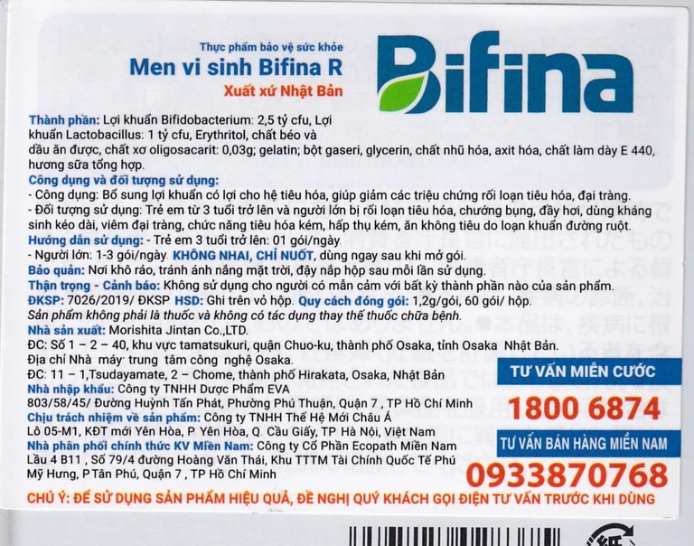 Men vi sinh Bifina R Health Aid bổ sung lợi khuẩn cho tiêu hóa, giảm rối loạn tiêu hóa, đại tràng (60 gói)