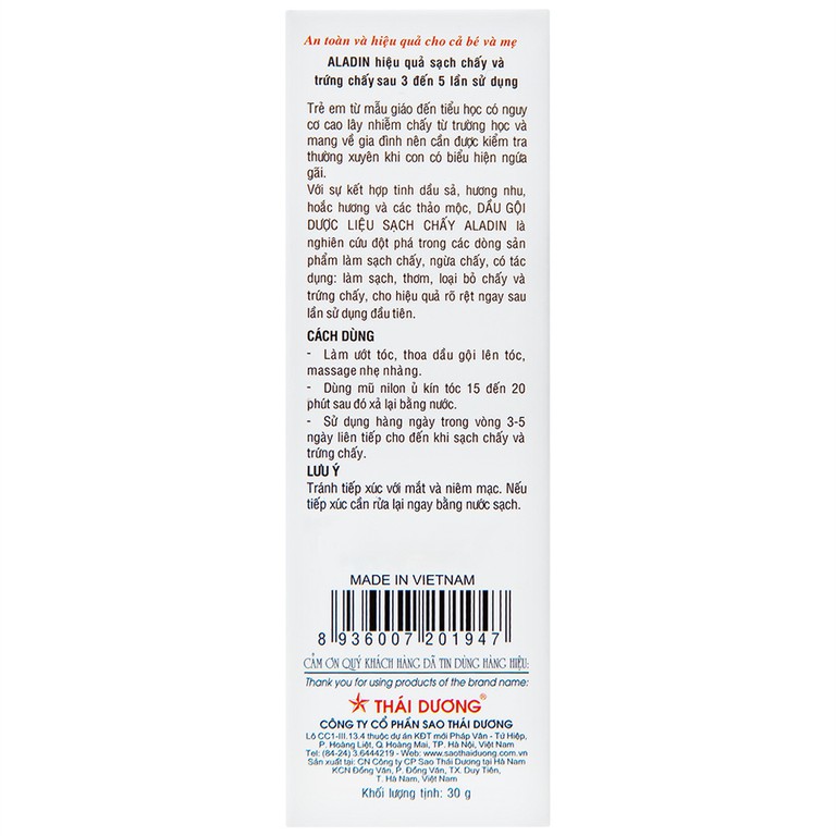 Dầu gội dược liệu sạch chấy Aladin Sao Thái Dương loại bỏ chấy và trứng chấy (30g)