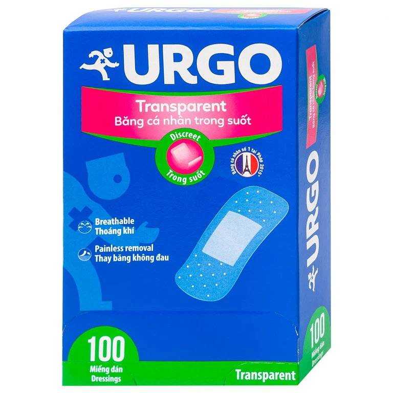 Băng cá nhân trong suốt Urgo Transparent 2cm x 7.2cm bảo vệ vết thương nhỏ, vết trầy xước (100 miếng)