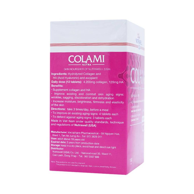 Viên uống Colami Nutrawell USA bổ sung collagen, ngừa sạm, nhăn, khô da (180 viên)