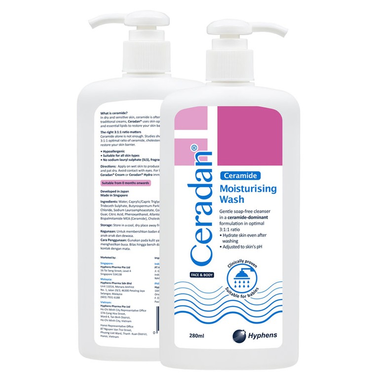 Sữa tắm dưỡng ẩm Ceradan Ceramide Moisturing Wash Face And Body dành cho mặt và toàn thân (280ml)
