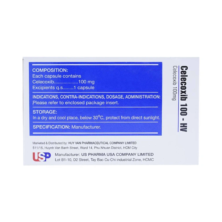 Thuốc Celecoxib 100 - HV USP giảm đau, hạ sốt, kháng viêm (10 vỉ x 10 viên)