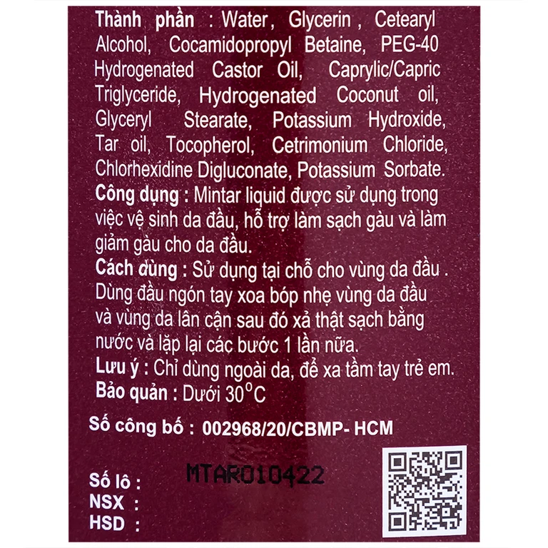 Dầu gội Mintar Liquid Gamma vệ sinh da đầu, sạch gàu, giảm gàu cho da đầu (150ml)