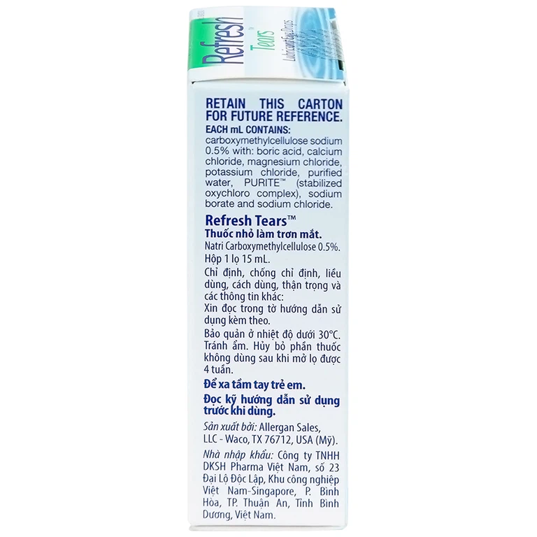 Thuốc nhỏ mắt Refresh Tears Allergan giảm khô mắt, mắt đỏ (15ml)