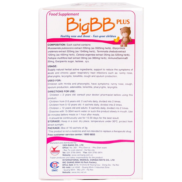 Cốm BigBB Plus IMC giảm triệu chứng viêm đường hô hấp, chảy nước mũi (16 gói x 3g)