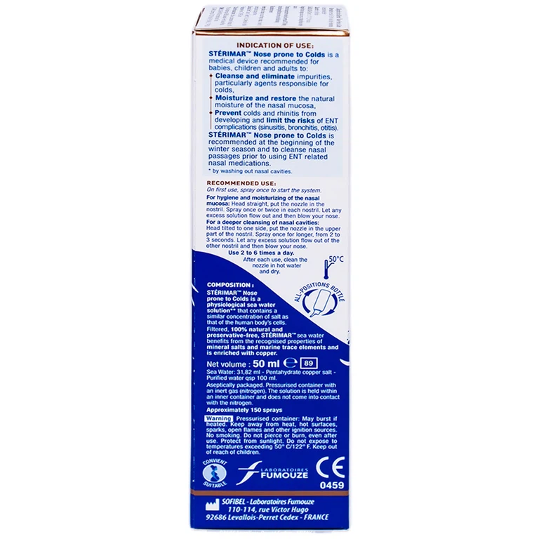 Dung dịch xịt mũi Stérimar Nose Prone To Colds 50ml làm sạch, loại bỏ bụi bẩn niêm mạc mũi cho trẻ từ 6 tháng - người lớn
