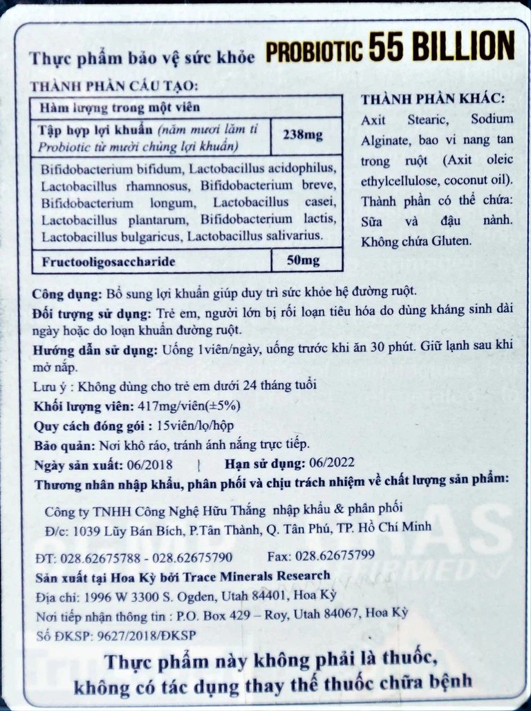 Viên uống Probiotic 55 Billion bỗ sung lợi khuẩn giúp duy trì sức khỏe hệ đường ruột (15 viên)