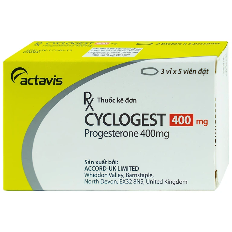 Viên đặt Cyclogest 400mg Actavis điều trị các hội chứng tiền kinh, trầm cảm (3 vỉ x 5 viên)