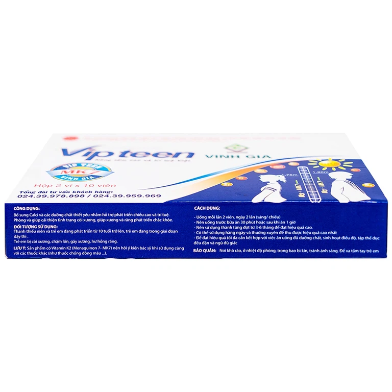 Viên uống Vipteen Vinh Gia bổ sung canxi và dưỡng chất hỗ trợ phát triển chiều cao (2 vỉ x 10 viên)