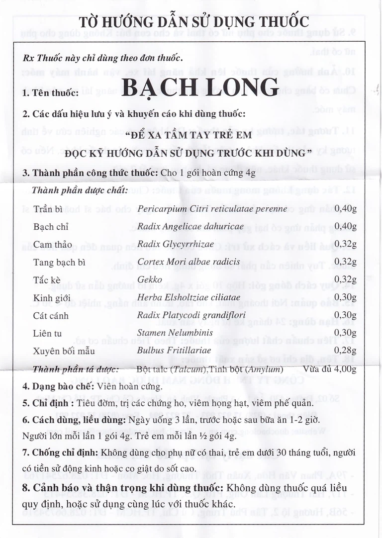 Thuốc Bạch Long Bổ Phổi Trừ Ho tiêu đờm, trị các chứng ho, viêm họng hạt, viêm phế quản (10 gói)