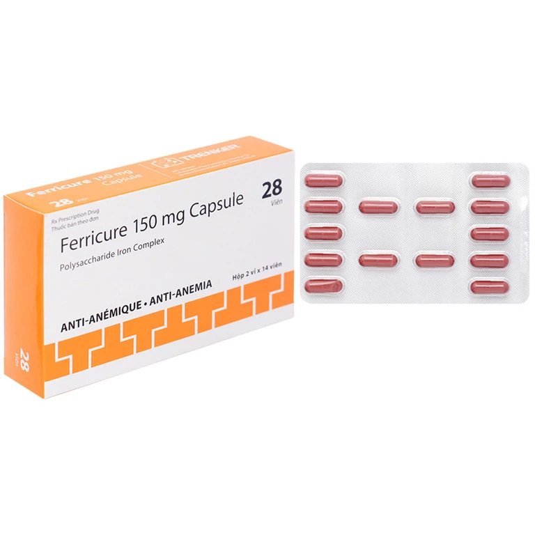 Thuốc Ferricure 150mg Trenker điều trị thiếu sắt, thiếu máu do thiếu sắt (2 vỉ x 14 viên)