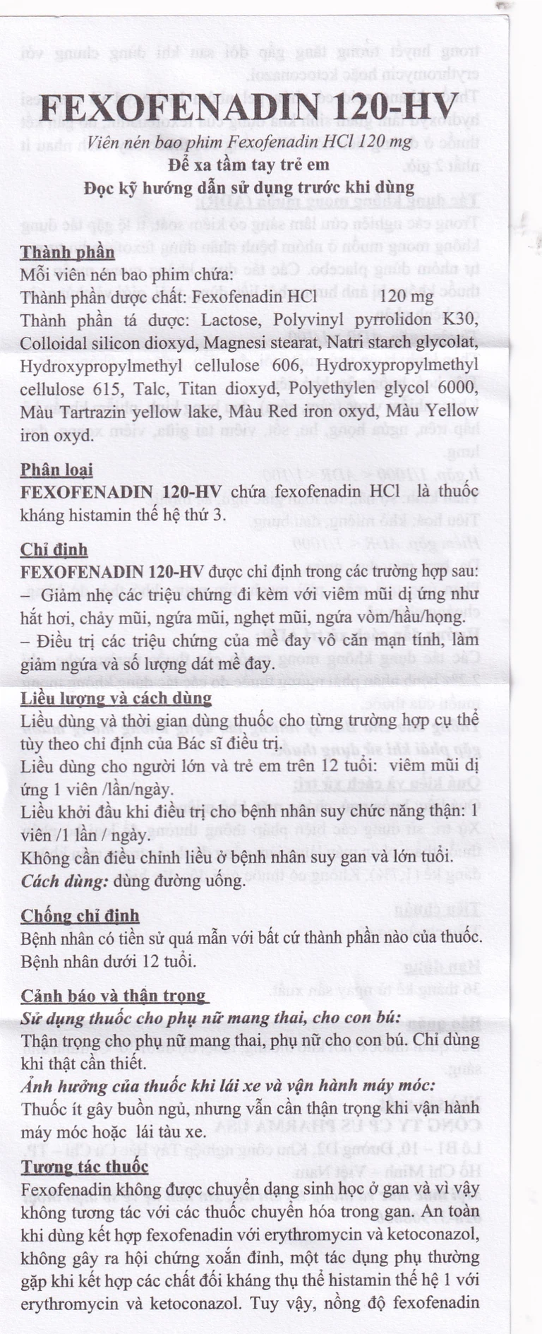 Thuốc Fexofenadin 120-HV USP điều trị viêm mũi dị ứng theo mùa, mày đay mạn tính vô căn (10 vỉ x 10 viên)