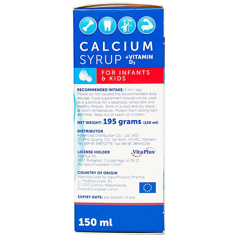 Dung dịch Calcium Syrup + Vitamin D3 VitaPlus cung cấp canxi. giúp hệ xương và răng phát triển (150ml) 