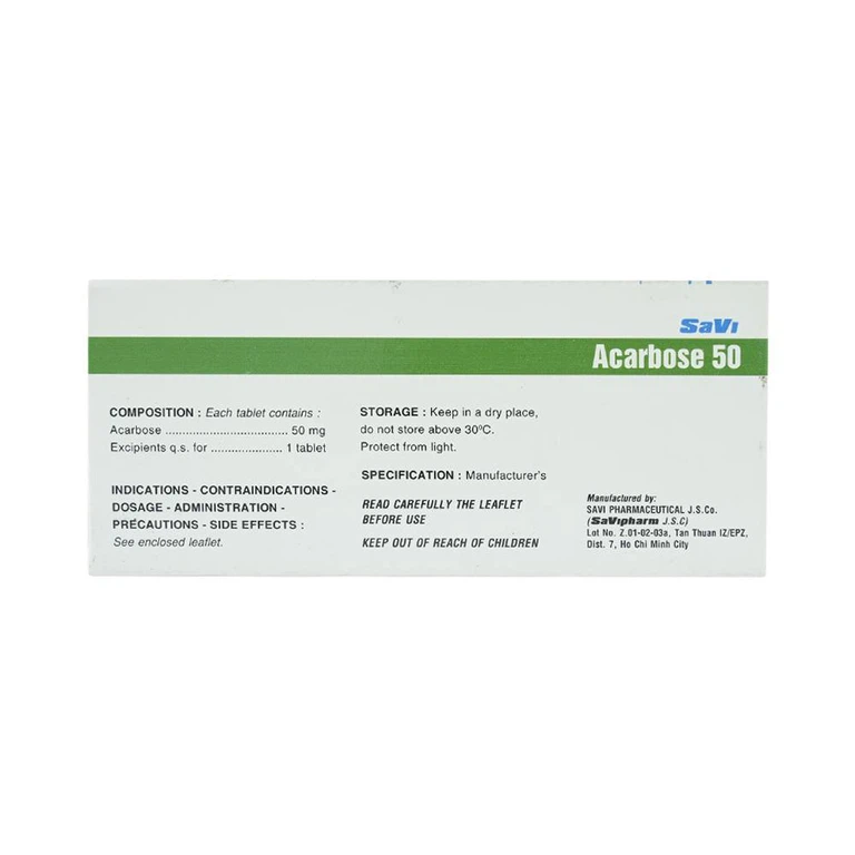 Thuốc Acarbose 50 SaVi điều trị đái tháo đường (10 vỉ x 10 viên)