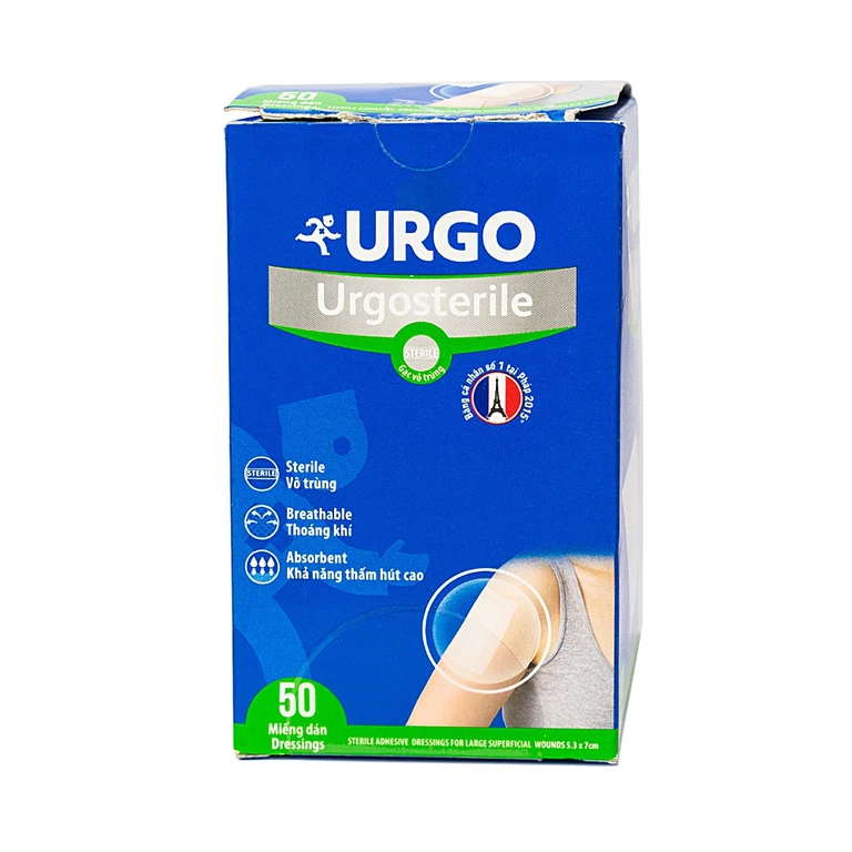 Băng dán có gạc Urgosterile size 5.3cm x 7cm băng các vết thương do phẫu thuật, khâu, chấn thương (50 miếng)