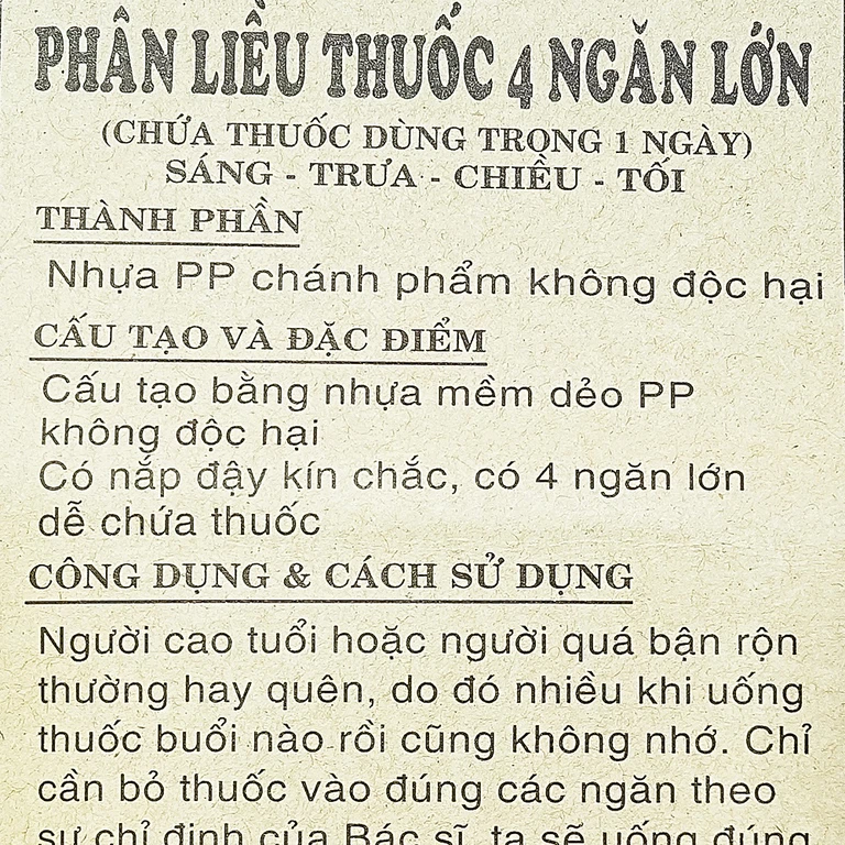 Hộp phân liều thuốc 4 ngăn vuông lớn giúp phân chia liều lượng thuốc trong 1 ngày (1 cái)