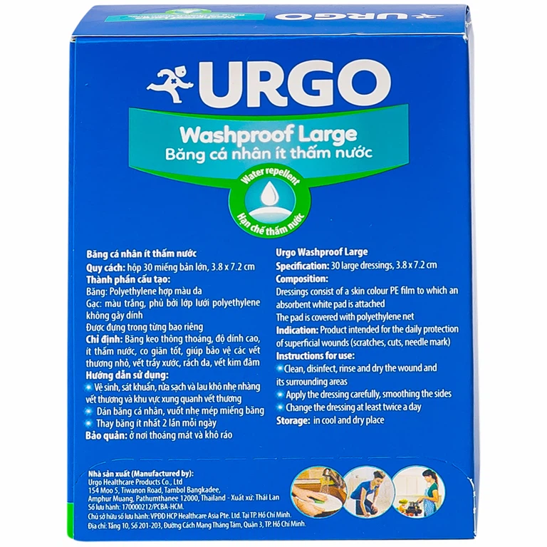 Băng cá nhân ít thấm nước Urgo Washproof Large bảo vệ vết thương khỏi nước (30 miếng)