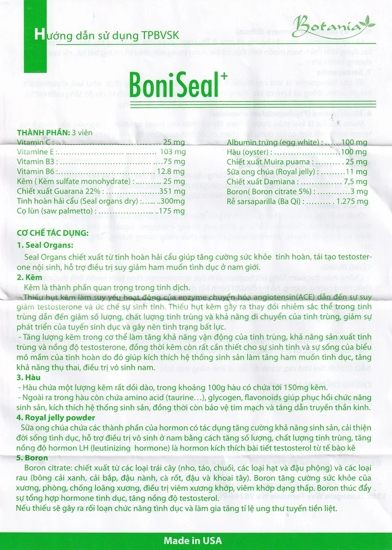 Viên uống BoniSeal Botania tăng cường sức khỏe tinh hoàn, suy giảm ham muốn tình dục ở nam giới (60 viên)
