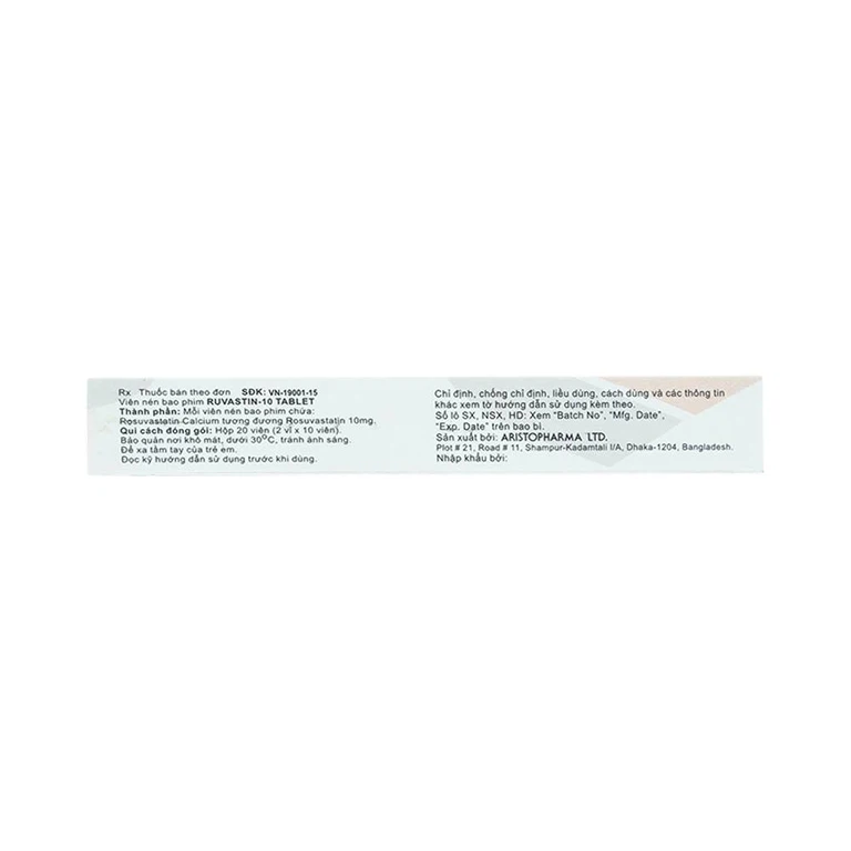 Thuốc Ruvastin 10mg Aristopharma giảm sự gia tăng cholesterol toàn phần (20 viên)