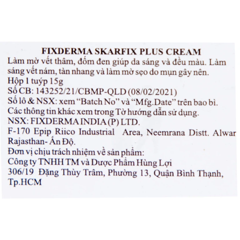 Kem làm sáng da Skarfix-Plus Cream Fixderma mờ vết thâm, đốm đen (15g)