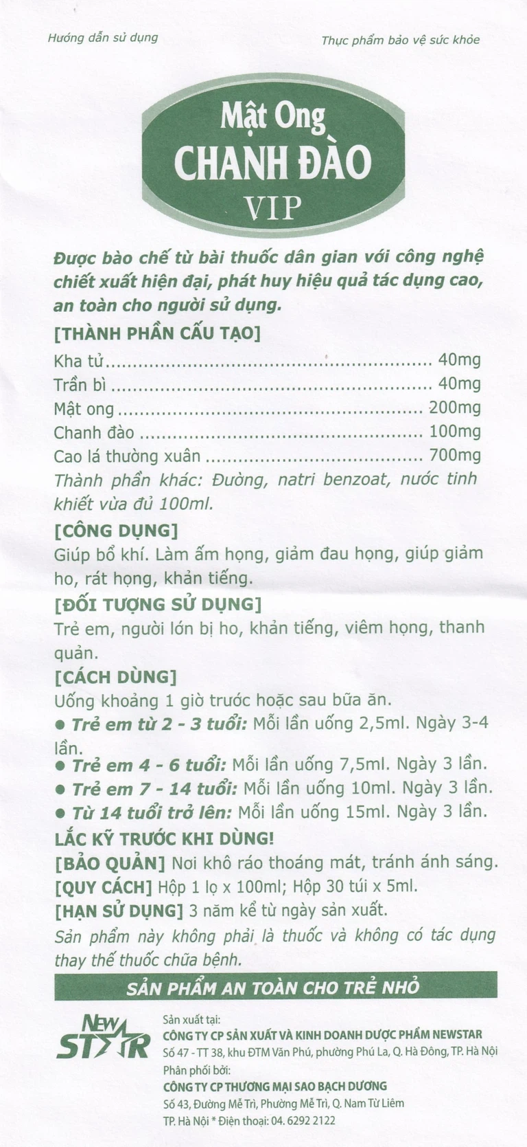 Dung dịch Mật Ong Chanh Đào VIP New Star hỗ trợ bổ khí, giảm ho, đau họng (100ml)