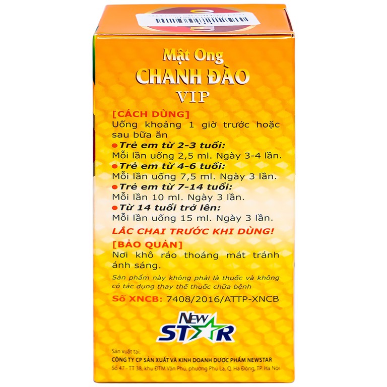 Dung dịch Mật Ong Chanh Đào VIP New Star hỗ trợ bổ khí, giảm ho, đau họng (100ml)