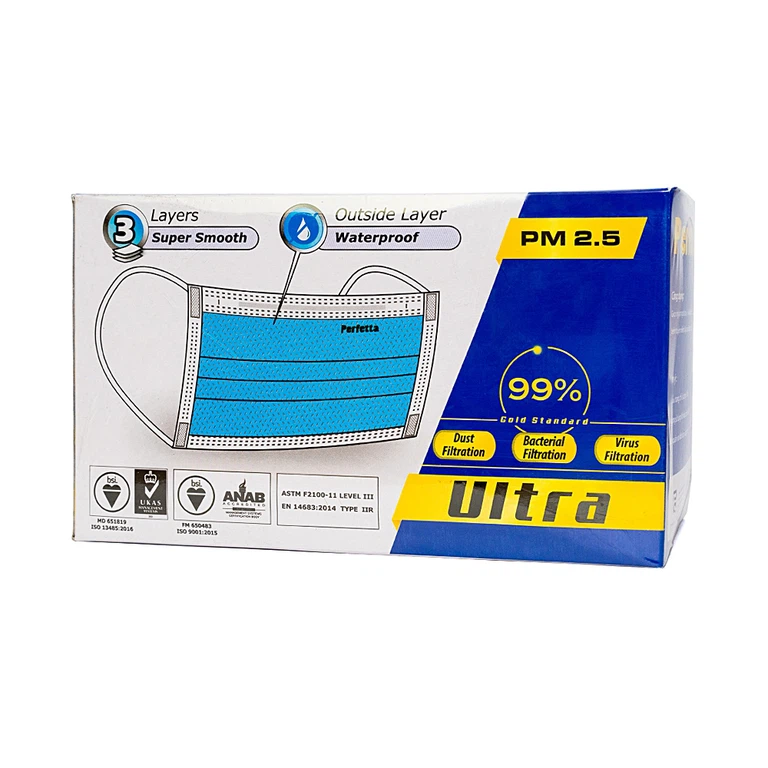 Khẩu trang y tế Perfetta Ultra màu xanh 3 lớp hỗ trợ ngăn khói, bụi (40 hộp x 35 cái)