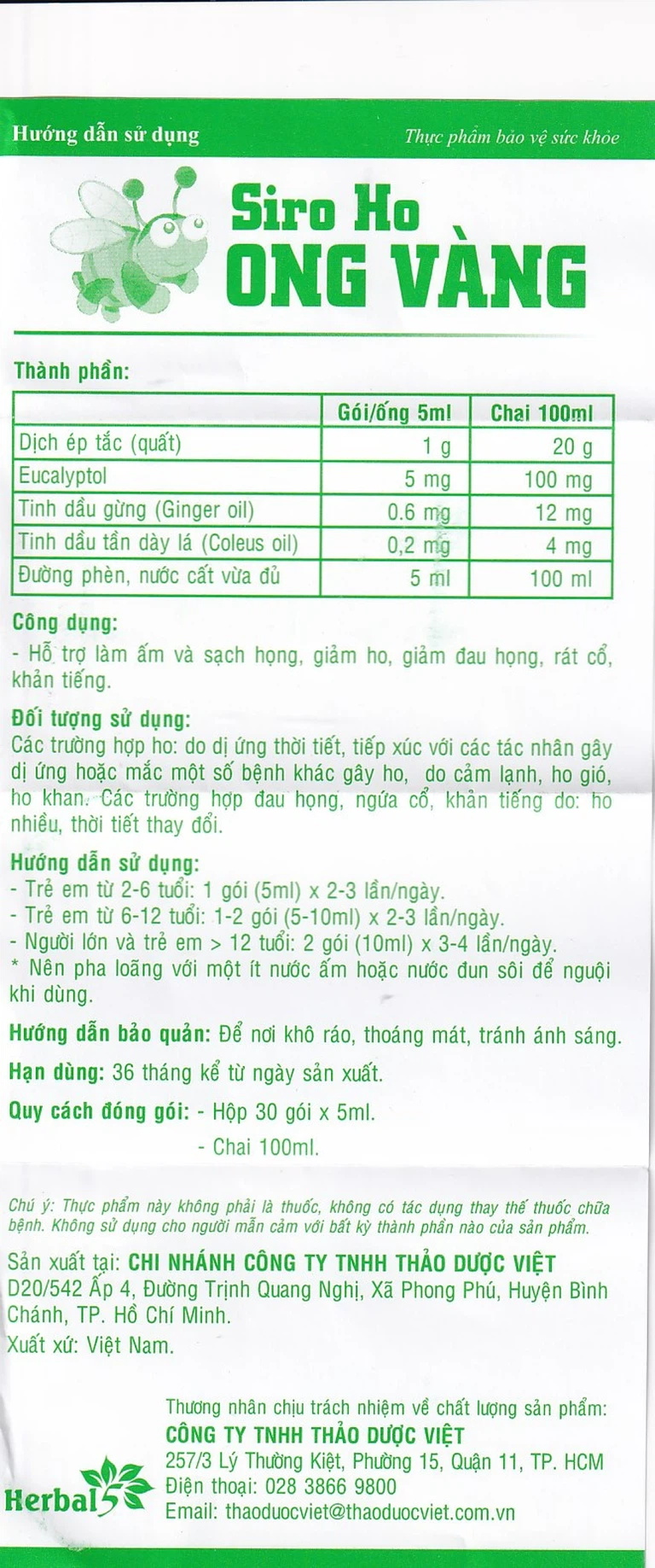 Siro ho Ong Vàng Thảo Dược Việt hỗ trợ làm ấm và sạch họng, giảm ho (100ml)