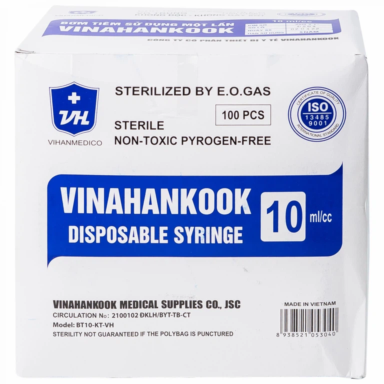 Bơm tiêm sử dụng một lần Vinahankook 10ml/cc được khử trùng bằng khí E.O (100 cái)