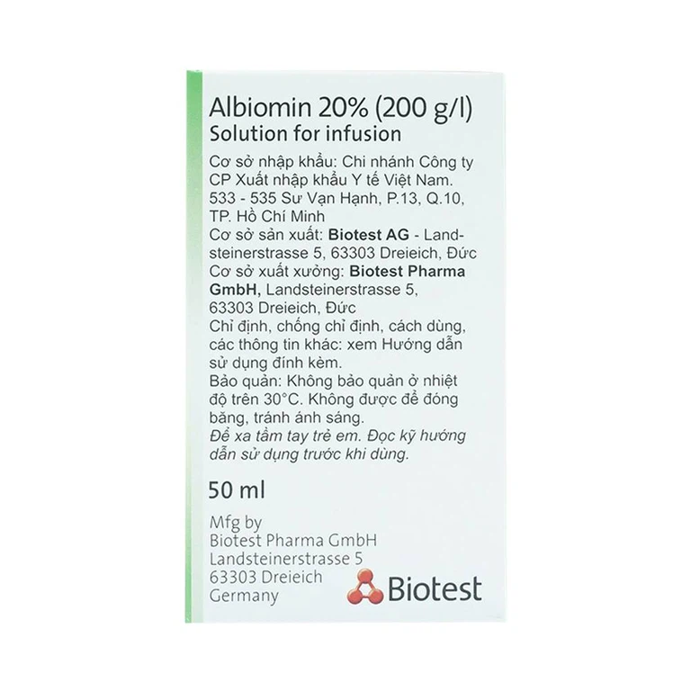 Dịch truyền Albiomin 20% Biotest điều trị cấp cứu trường hợp choáng do giảm thể tích máu (50ml)