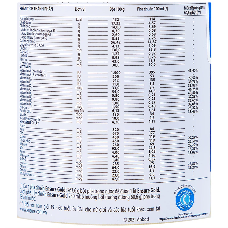 Sữa bột Ensure Gold Abbott hương vani bổ sung dinh dưỡng, vitamin, khoáng chất cho cơ thể (400g) 