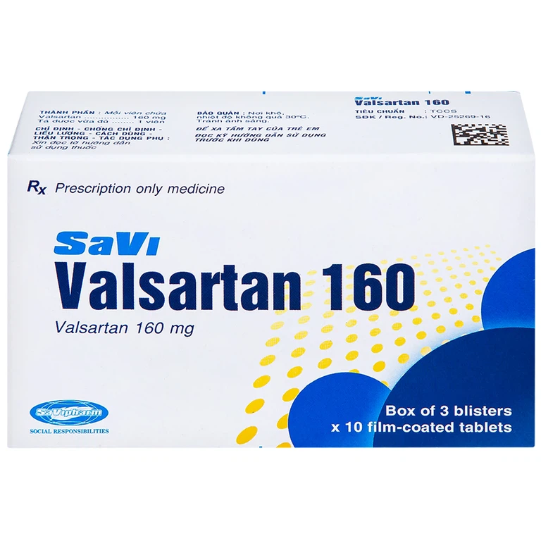 Thuốc Savi Valsartan 160 điều trị tăng huyết áp, nhồi máu cơ tim (3 vỉ x 10 viên)
